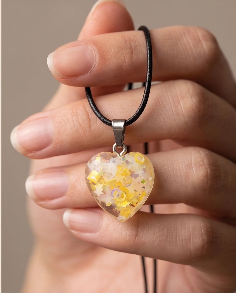Silver Sunshine Yellow Glitter Heart Resin Pendant Necklace