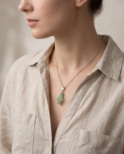 Silver Stacked Raw Green Aventurine Chip Stone Pendant Necklace