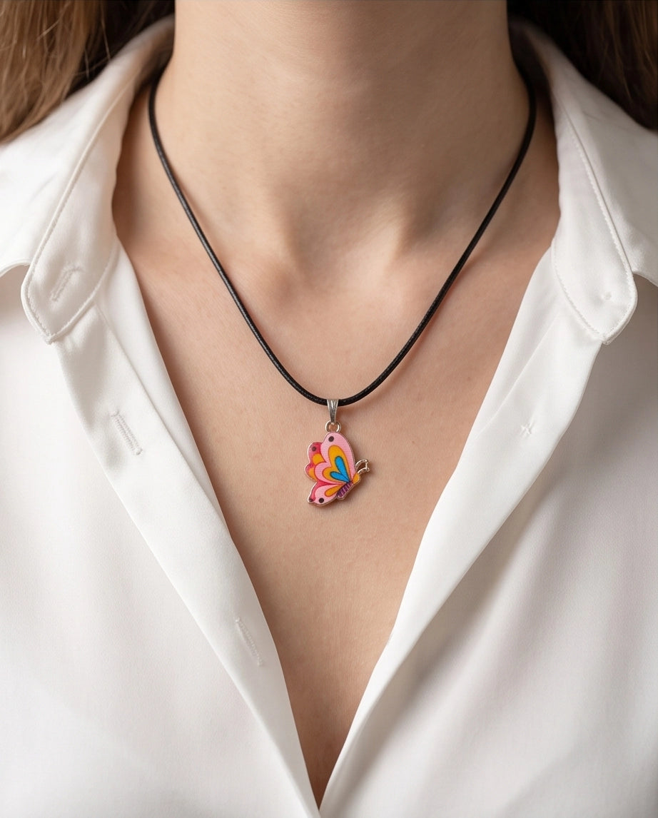 Pastel Pink & Multicolor Butterfly Cord Necklace