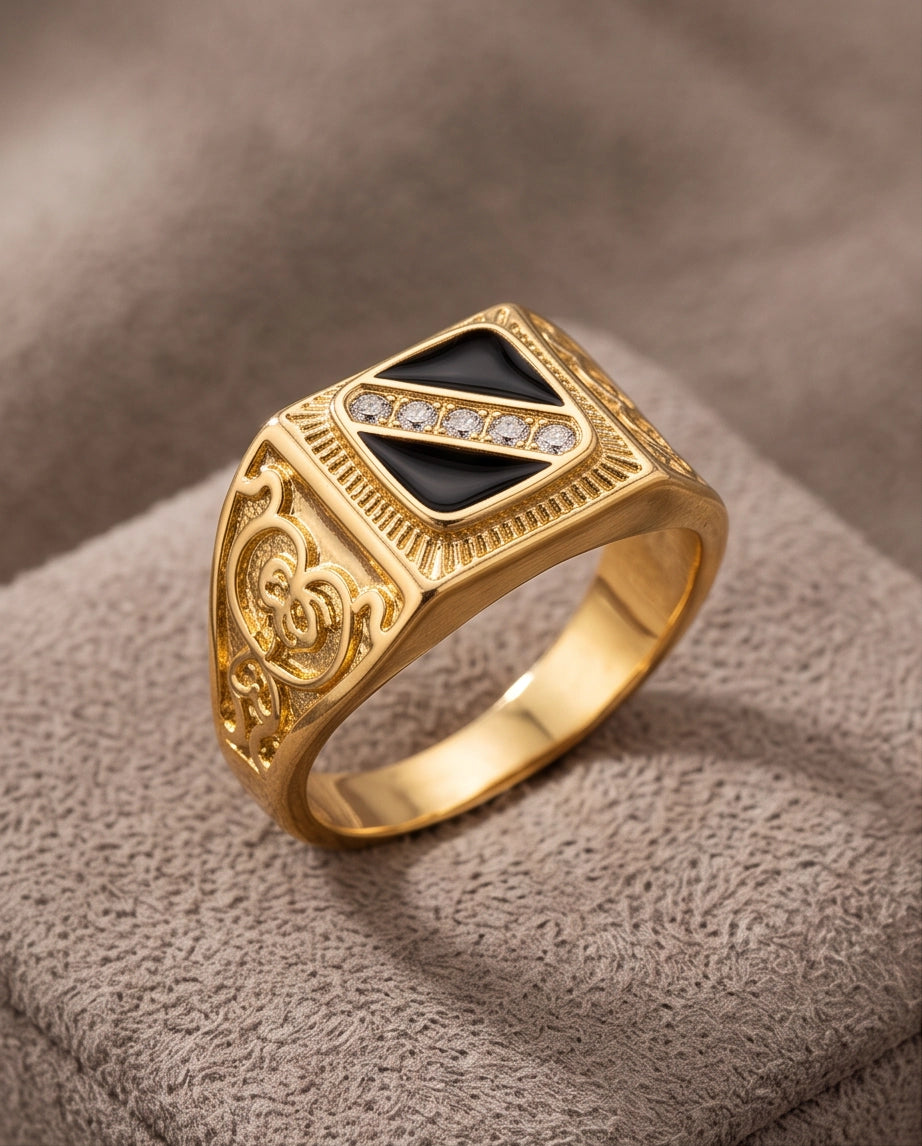 Onyx-Inlay Channel Pavé Diagonal Striped Filigree Gold Ring