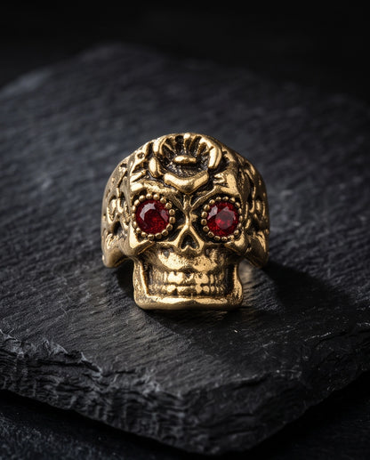 Ruby-Eyed Beaded Bezel Filigree Skull Gold Ring