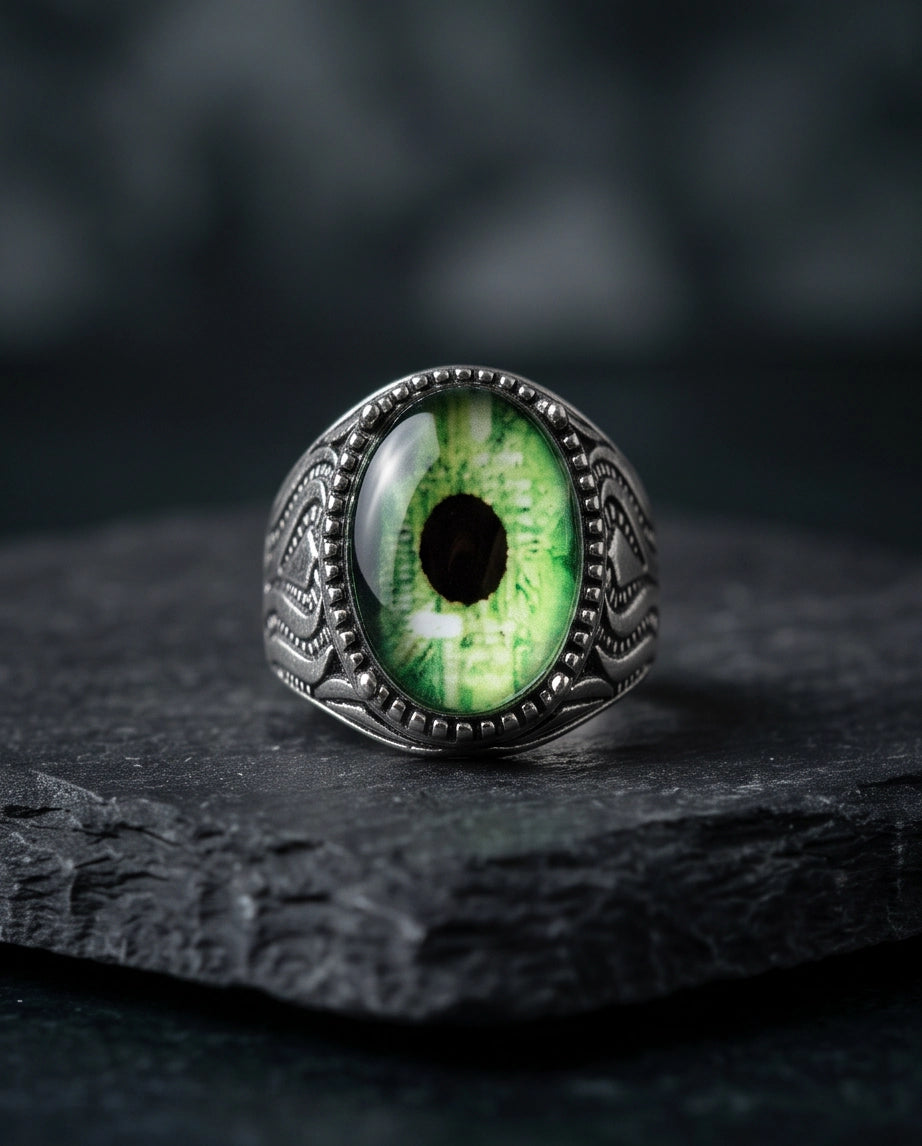Emerald Dragon-Eye Cabochon Ornate Scrollwork Silver Ring