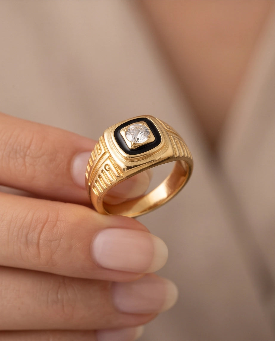 Concentric Cushion Clear Gemstone Onyx Frame Art Deco Gold Ring