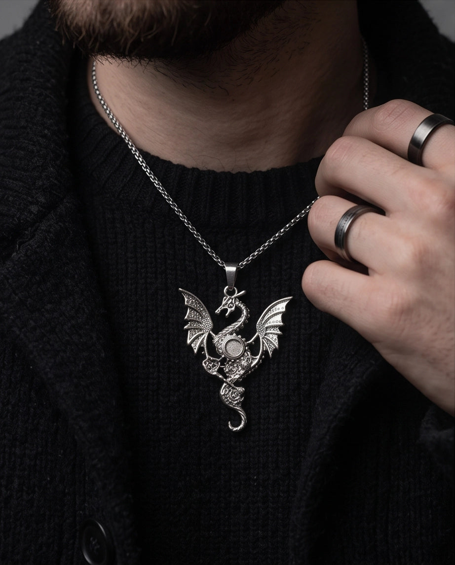 Silver Steampunk Dragon Gear Pendant Necklace