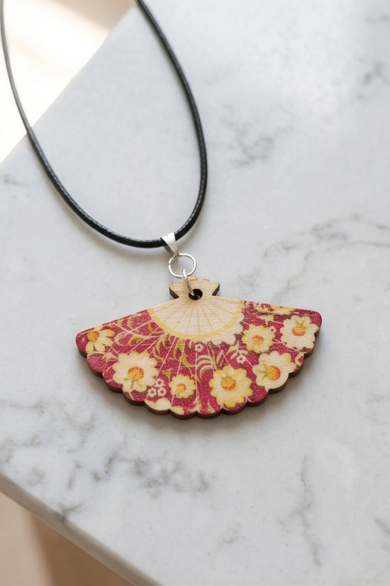Vintage Burgundy & Gold Floral Hand-Fan Pendant Necklace