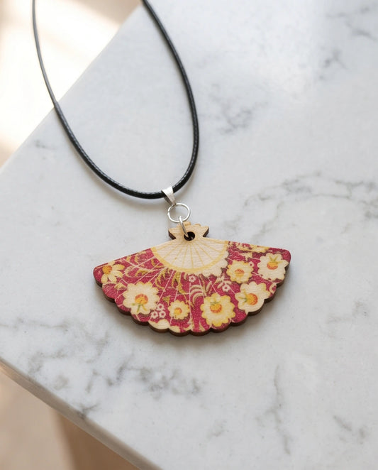 Vintage Burgundy & Gold Floral Hand-Fan Pendant Necklace