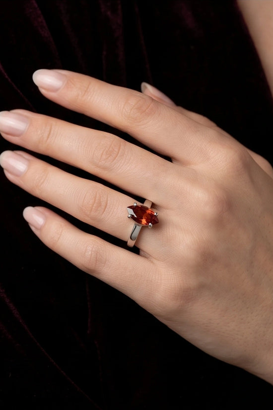 Sterling Silver Marquise-Cut Amber Carnelian Solitaire Ring