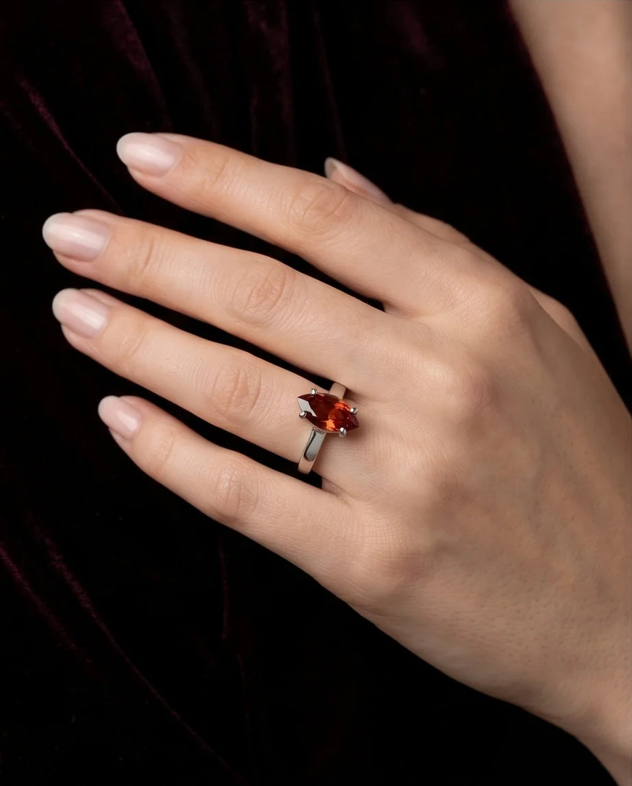 Sterling Silver Marquise-Cut Amber Carnelian Solitaire Ring