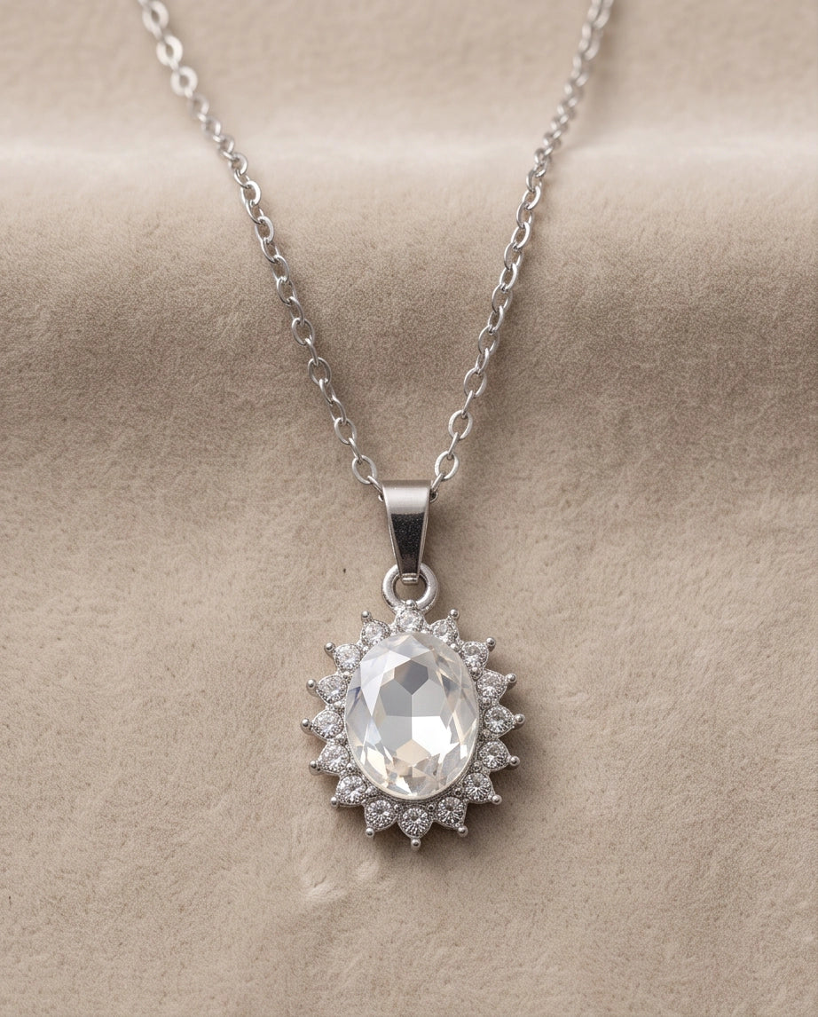 Silver Crystal Oval Halo Medallion Pendant Necklace