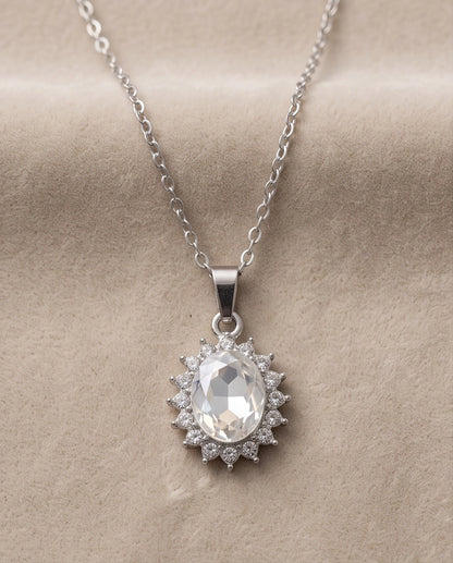 Silver Crystal Oval Halo Medallion Pendant Necklace
