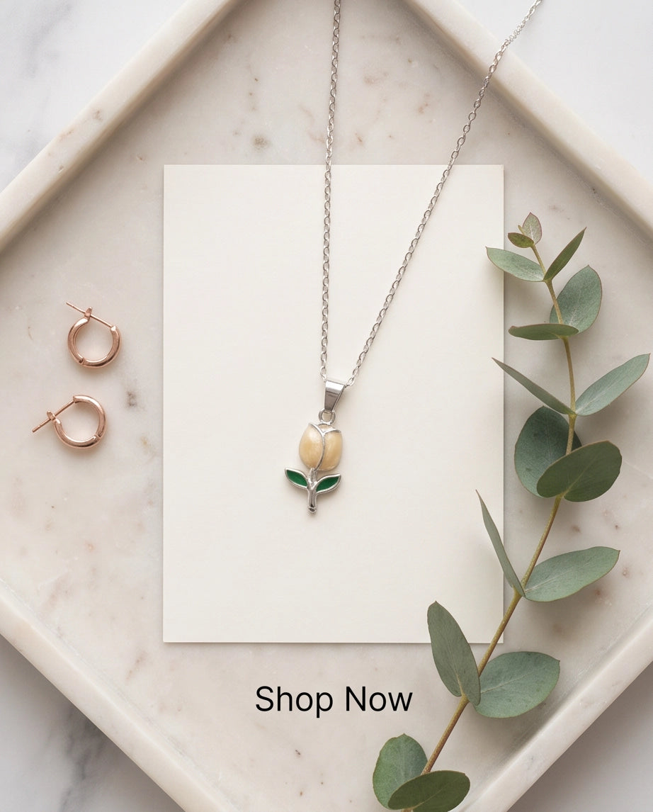 Silver Yellow Enamel Tulip Pendant Necklace