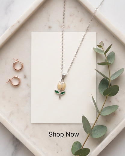 Silver Yellow Enamel Tulip Pendant Necklace