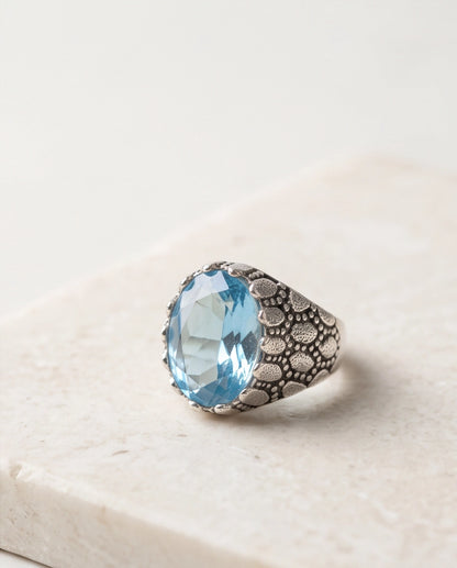 Ice Blue Oval-Cut Gemstone Scaled Bezel Silver Ring