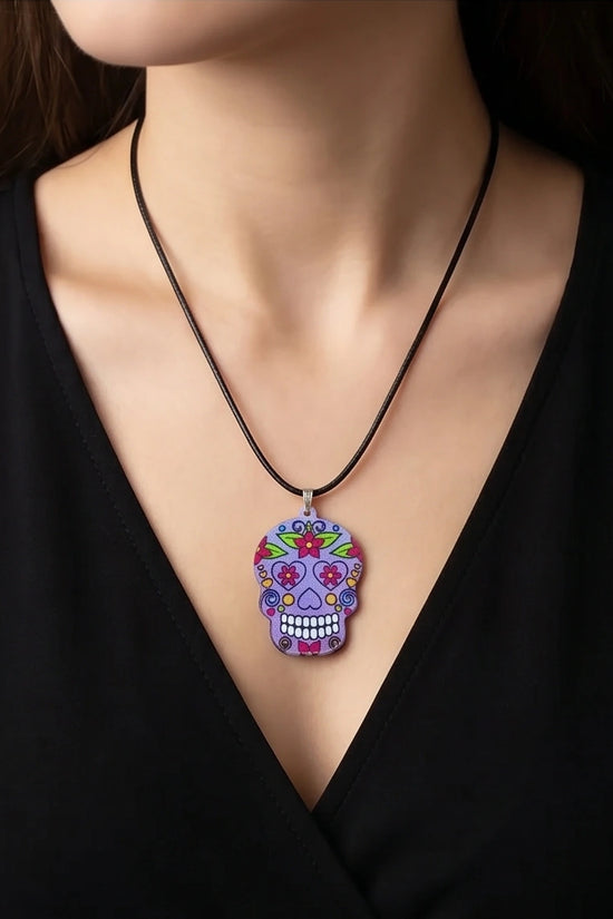 Vibrant Purple Sugar Skull Día de los Muertos Pendant Necklace