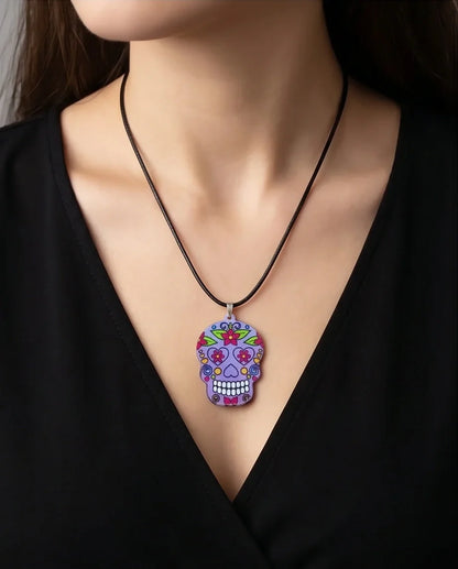 Vibrant Purple Sugar Skull Día de los Muertos Pendant Necklace