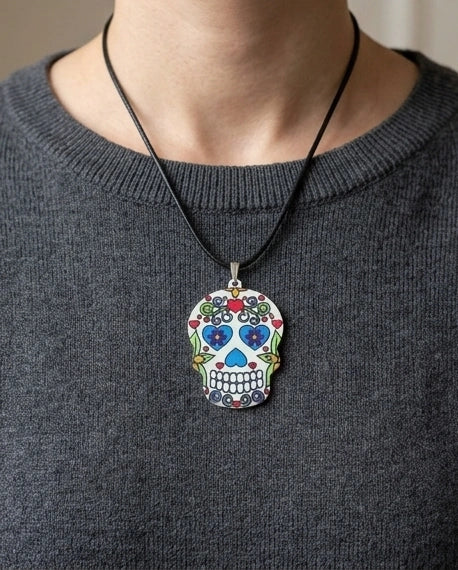 Vibrant White Sugar Skull Día de los Muertos Pendant Necklace