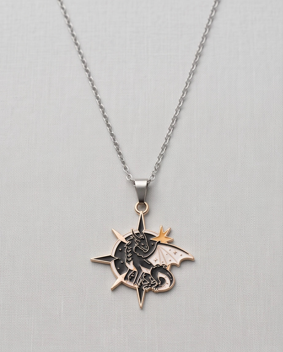 Gold Celestial Compass Dragon Black & White Enamel Pendant Necklace