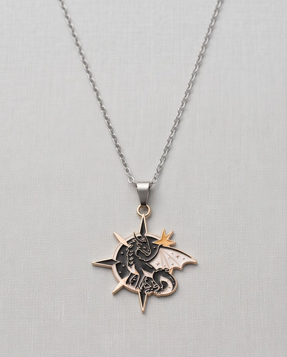 Gold Celestial Compass Dragon Black & White Enamel Pendant Necklace
