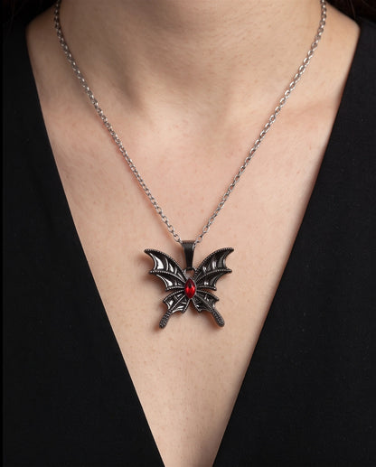 Black Bat-Wing Butterfly Red Gem Pendant Necklace