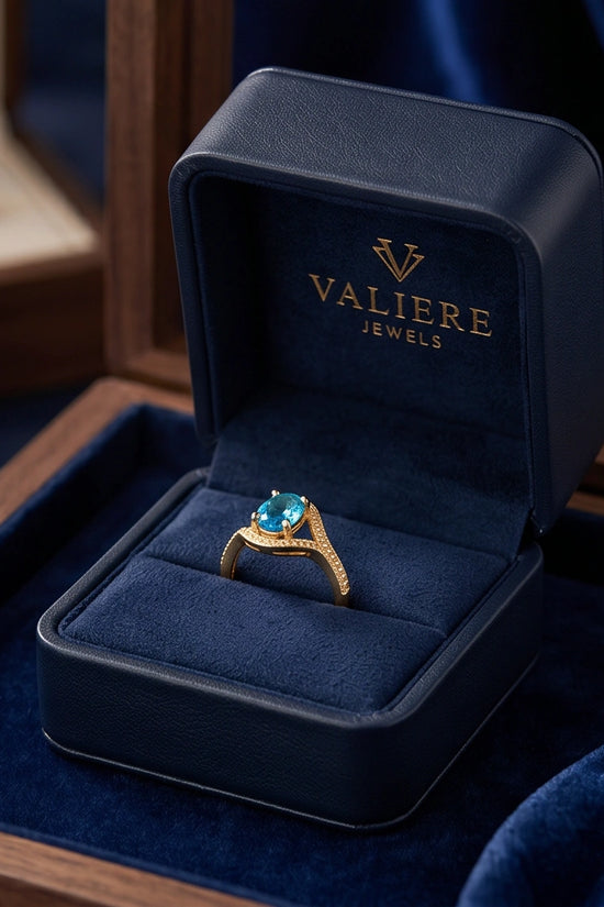 Luxury 14K Gold Oval Swiss Blue Topaz Swirl Halo Ring