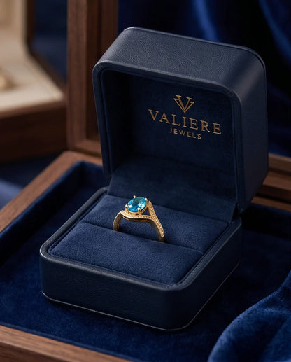 Luxury Gold Oval Swiss Blue Topaz Swirl Halo Ring