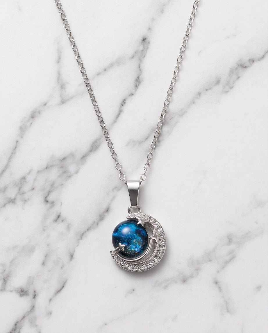 Silver Crystal Crescent Moon Cosmic Galaxy Orb Pendant Necklace