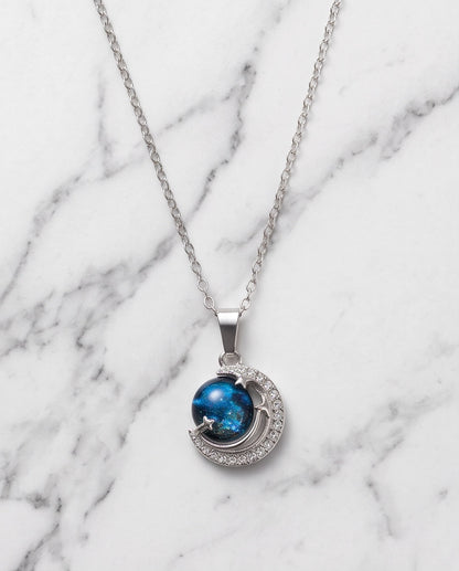 Silver Crystal Crescent Moon Cosmic Galaxy Orb Pendant Necklace