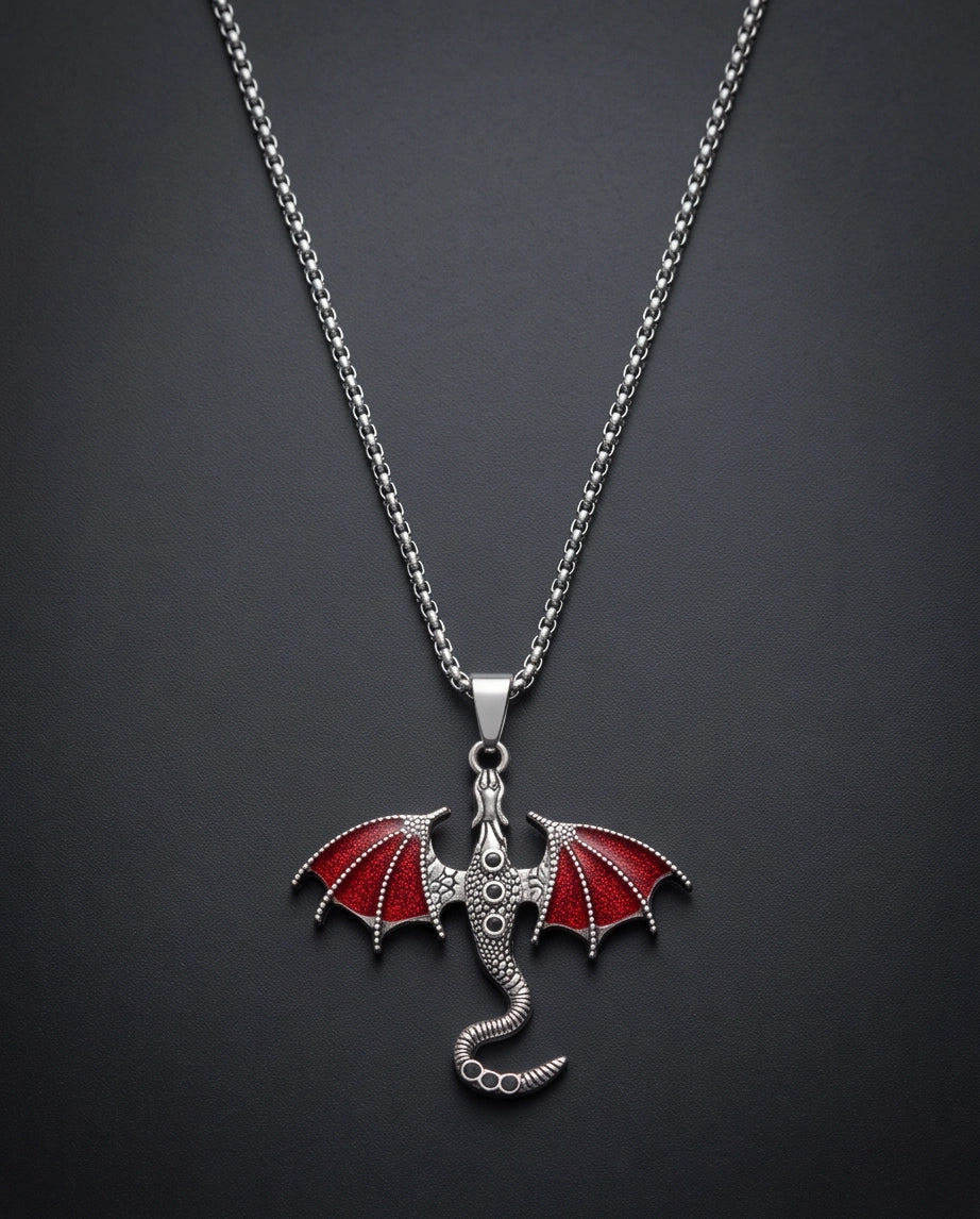 Silver Red Enamel Dragon Wyvern Pendant Necklace
