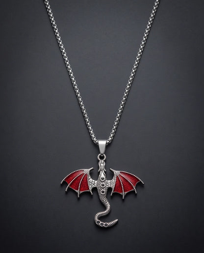 Silver Red Enamel Dragon Wyvern Pendant Necklace