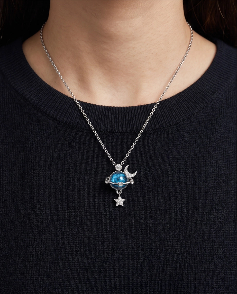 Silver Cosmic Planet Crescent Moon & Star Dangle Pendant Necklace