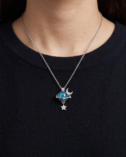 Silver Cosmic Planet Crescent Moon & Star Dangle Pendant Necklace