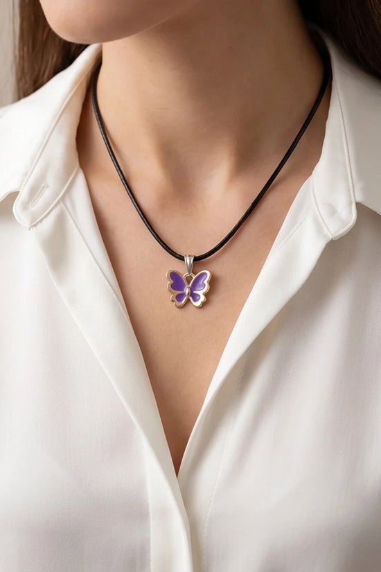 Vibrant Purple Butterfly Enamel Pendant Necklace
