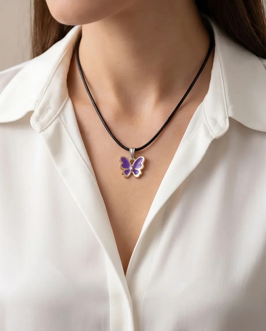 Vibrant Purple Butterfly Enamel Pendant Necklace