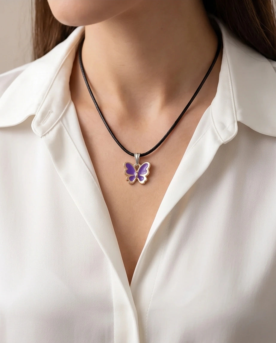 Vibrant Purple Butterfly Enamel Pendant Necklace