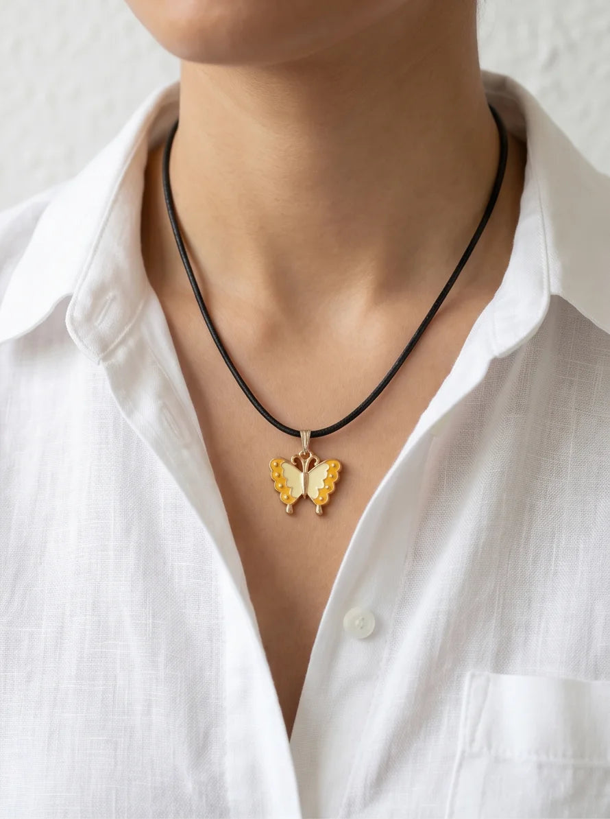 Yellow Enamel Butterfly Pendant Necklace