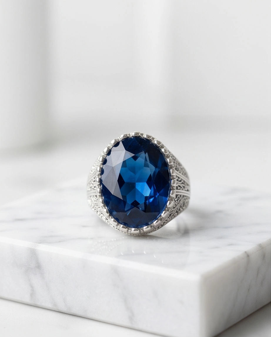 Oxidized Silver Large Oval Sapphire Filigree Signet Ring