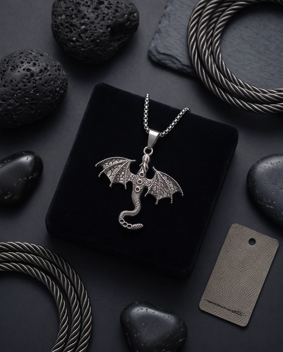 Silver Textured Dragon Wyvern Pendant Necklace