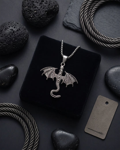Silver Textured Dragon Wyvern Pendant Necklace
