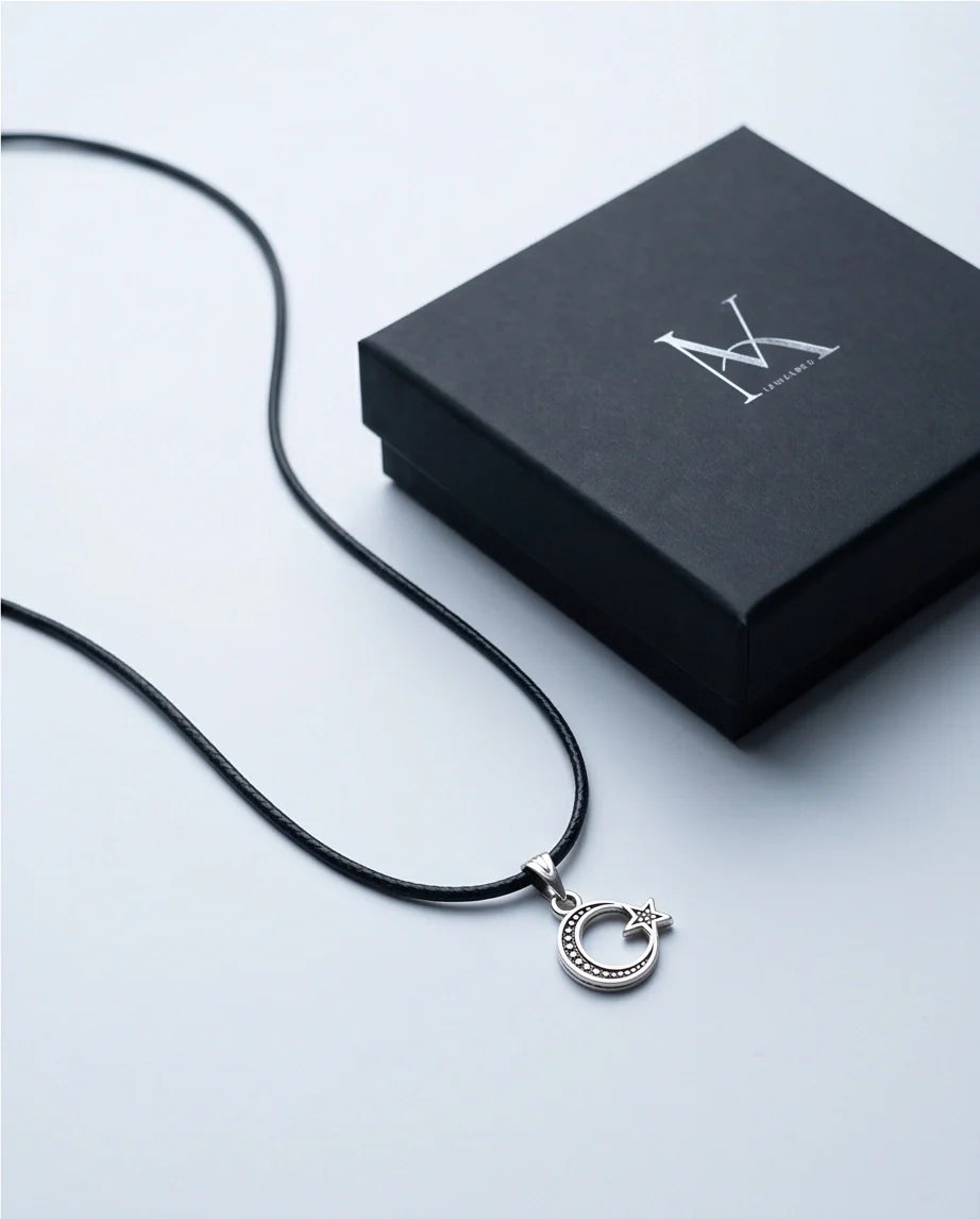 The Celestial Path: Matte Silver Crescent Moon & Star Pendant Necklace
