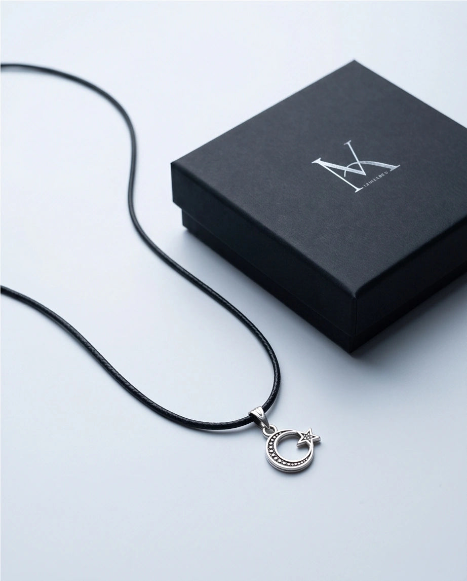 The Celestial Path: Matte Silver Crescent Moon & Star Pendant Necklace