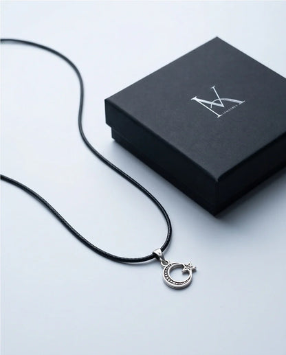 The Celestial Path: Matte Silver Crescent Moon & Star Pendant Necklace