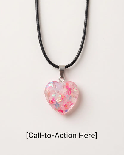 Silver Faceted Rose Pink Glitter Heart Resin Pendant Necklace