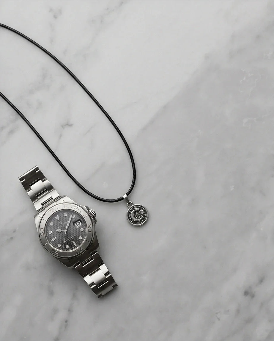 Silver Crescent Moon and Star Necklace