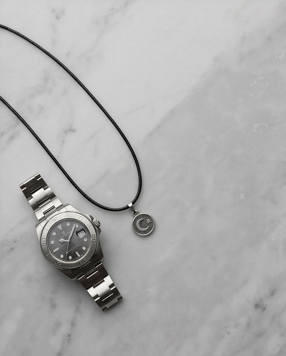 Silver Crescent Moon and Star Necklace