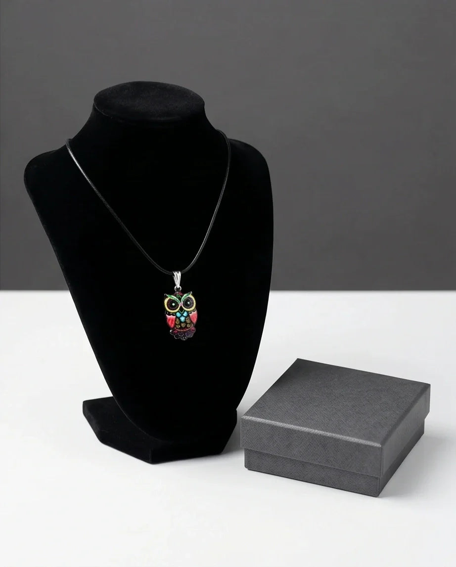 Artistic Multi-Color Mosaic Owl Totem Pendant Necklace