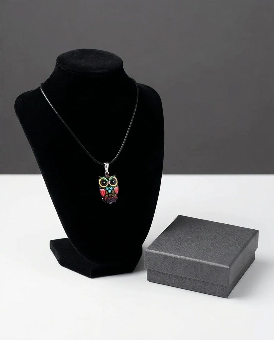Artistic Multi-Color Mosaic Owl Totem Pendant Necklace