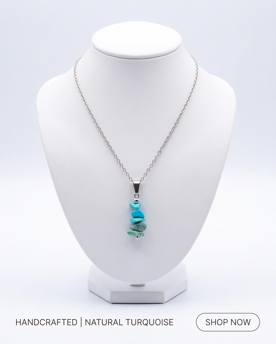 Silver Stacked Raw Turquoise Chip Stone Pendant Necklace