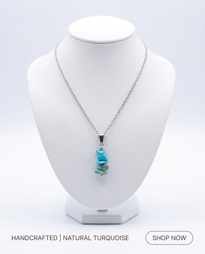 Silver Stacked Raw Turquoise Chip Stone Pendant Necklace