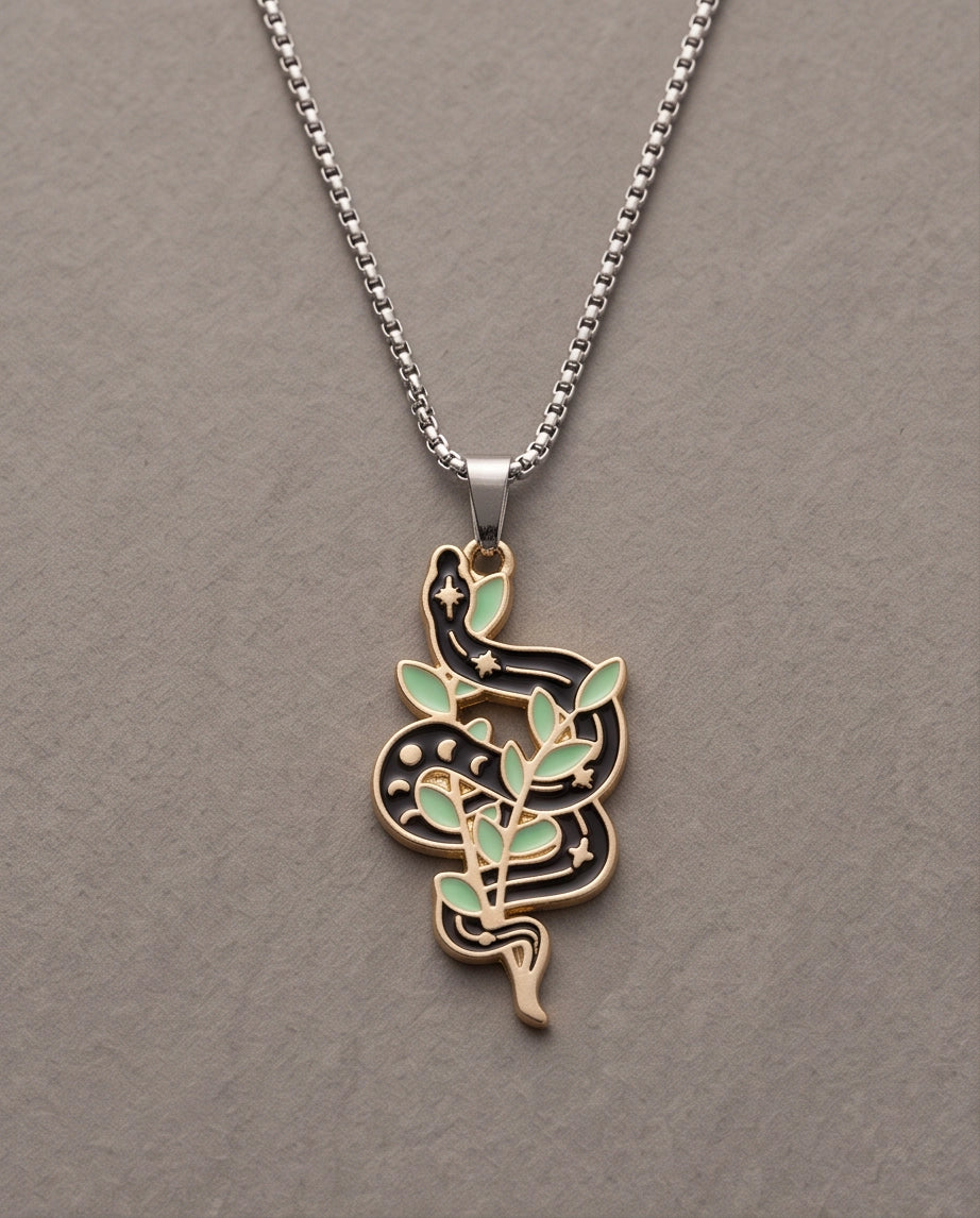 Gold Botanical Snake Enamel Pendant Necklace