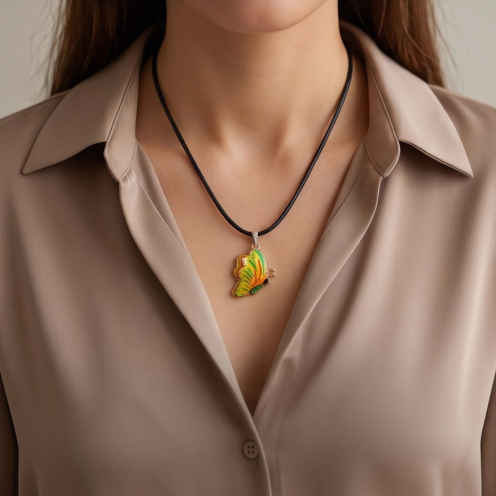 Bright Yellow & Green Butterfly Cord Necklace